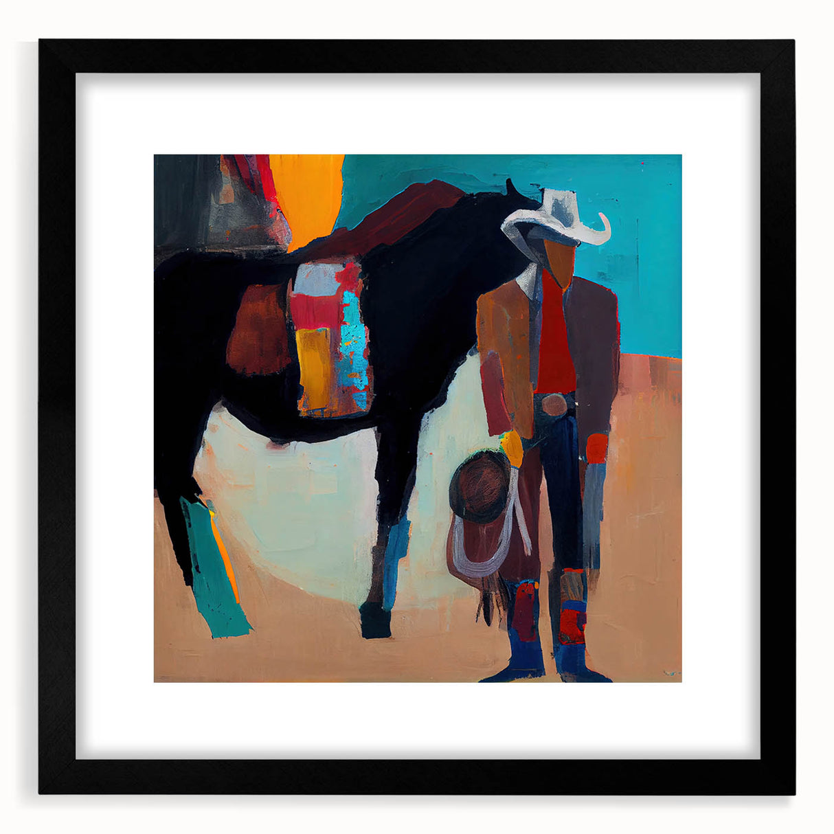Abstract figurative wall art framed in black with a mat, showcasing vibrant colors and dynamic shapes, perfect for modern home decor and artistic expression.