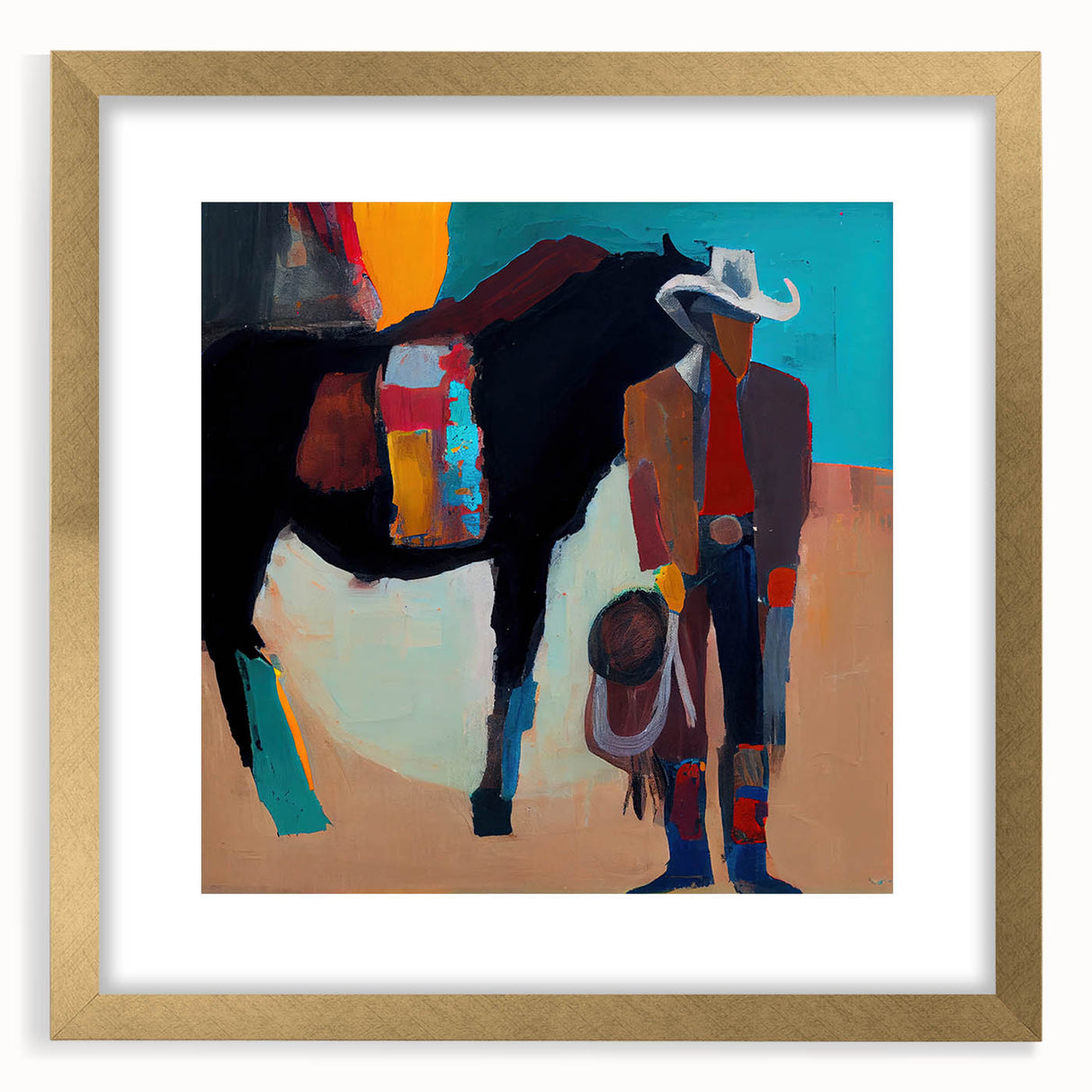 Abstract figurative wall art framed in gold, showcasing a vibrant design with bold colors, perfect for modern home decor and enhancing interior aesthetics.