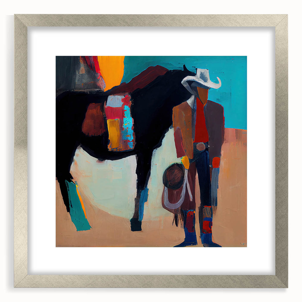 Abstract figurative wall art framed in silver, featuring a modern design with soft colors and geometric shapes, perfect for contemporary decor.