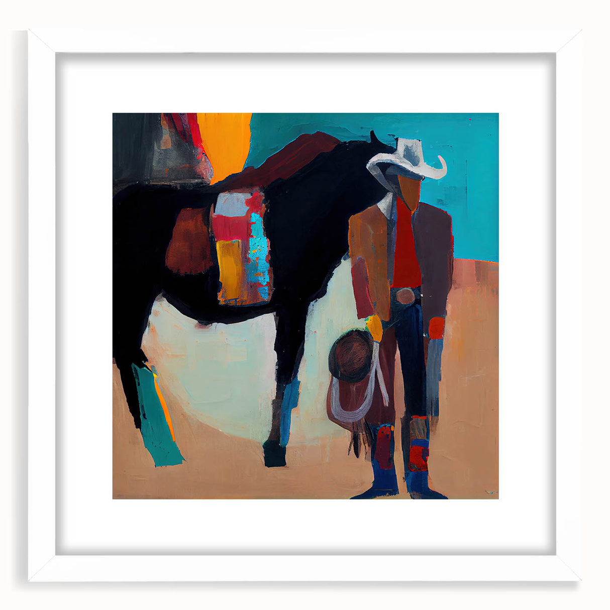 Abstract figurative wall art framed with a white mat, showcasing vibrant colors and dynamic shapes, perfect for modern home decor or artistic spaces.