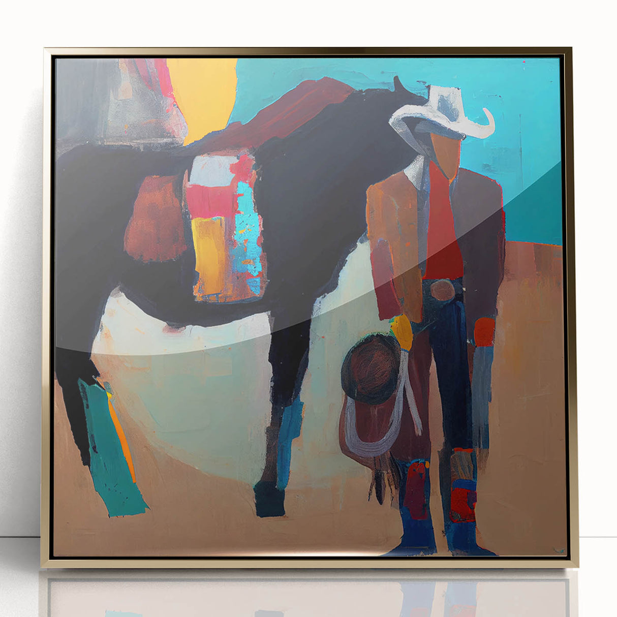 Abstract figurative wall art with a gold-accented frame, showcasing vibrant colors and dynamic shapes, perfect for modern home decor or office spaces.