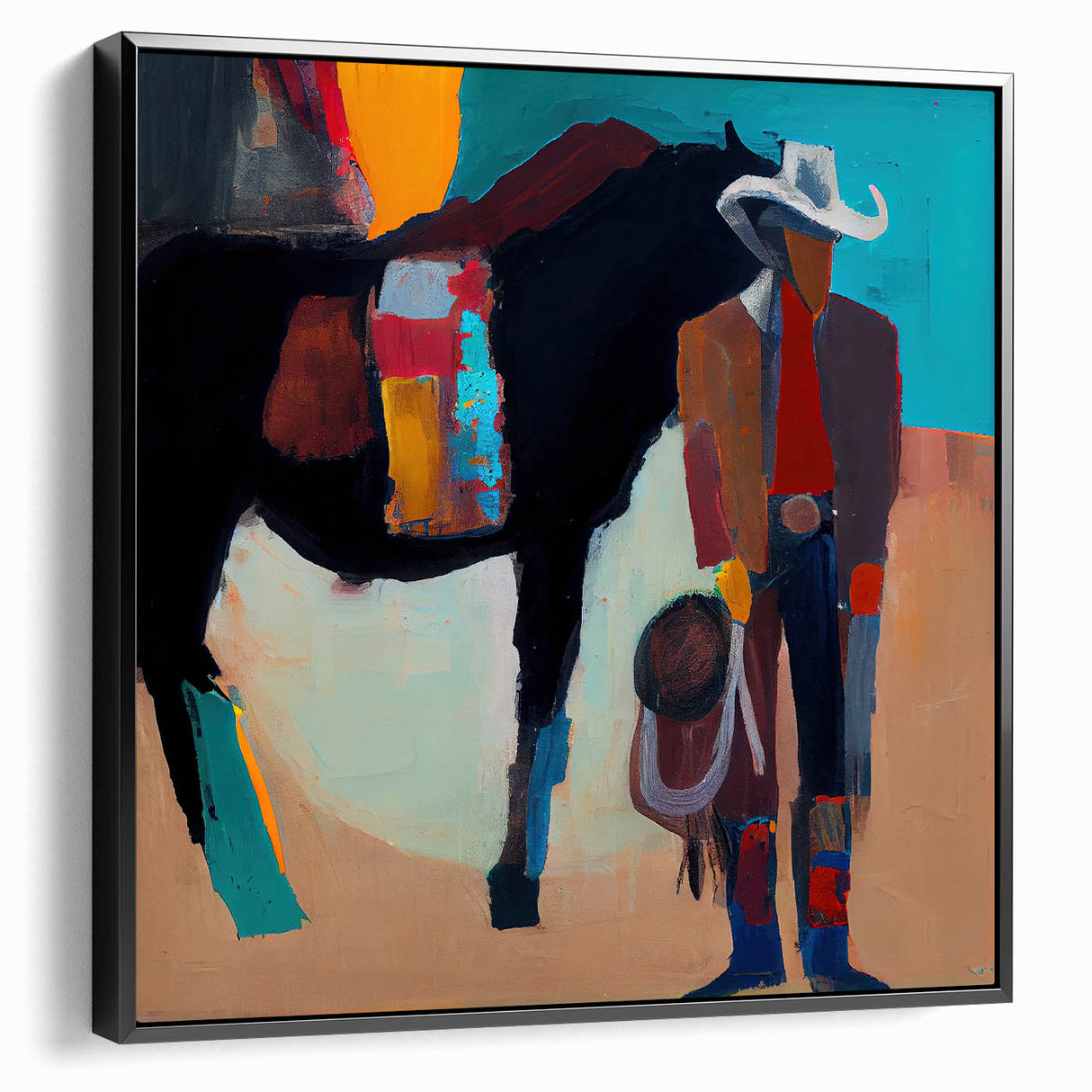 Framed abstract figurative wall art featuring a dynamic black design, displayed in a side view to highlight its sleek edges and modern aesthetic, perfect for contemporary decor.