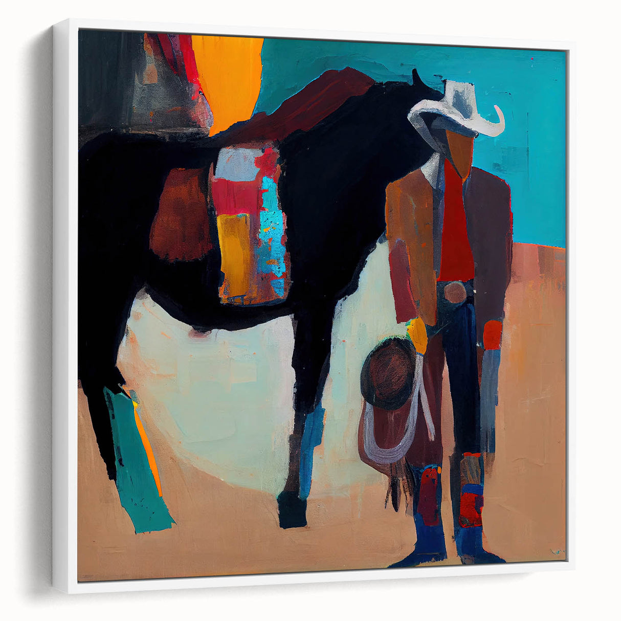 Abstract figurative wall art displayed in a sleek white frame, showcasing vibrant colors and dynamic shapes, perfect for modern home decor and artistic expression.