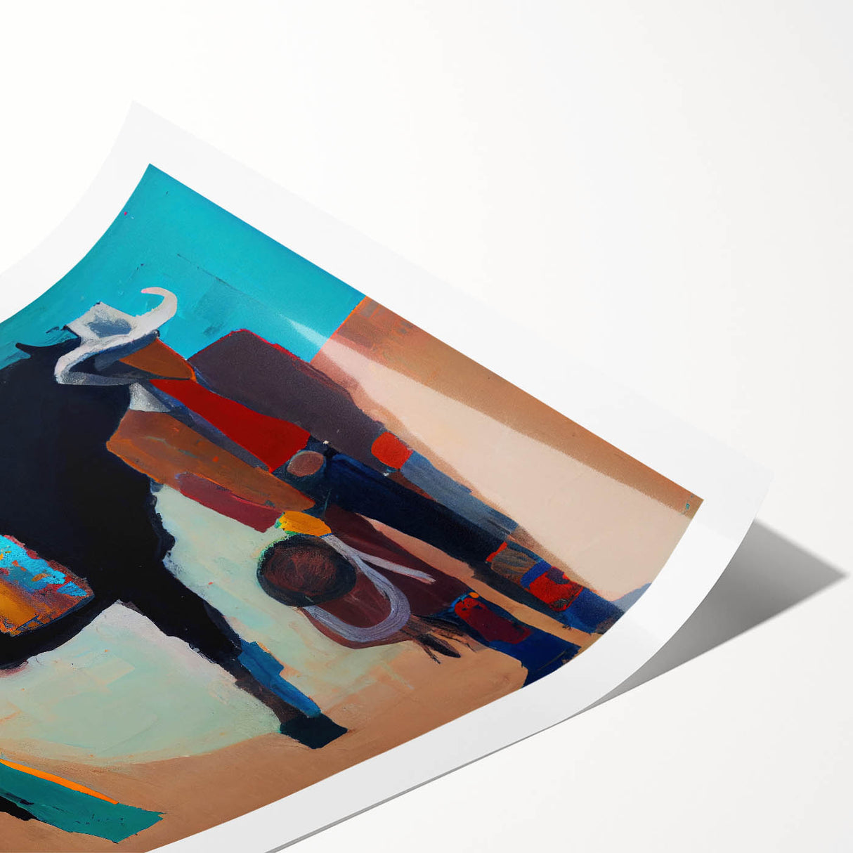 Abstract figurative wall art print showcasing vibrant colors and dynamic shapes, rolled for easy shipping and display in modern home decor settings.