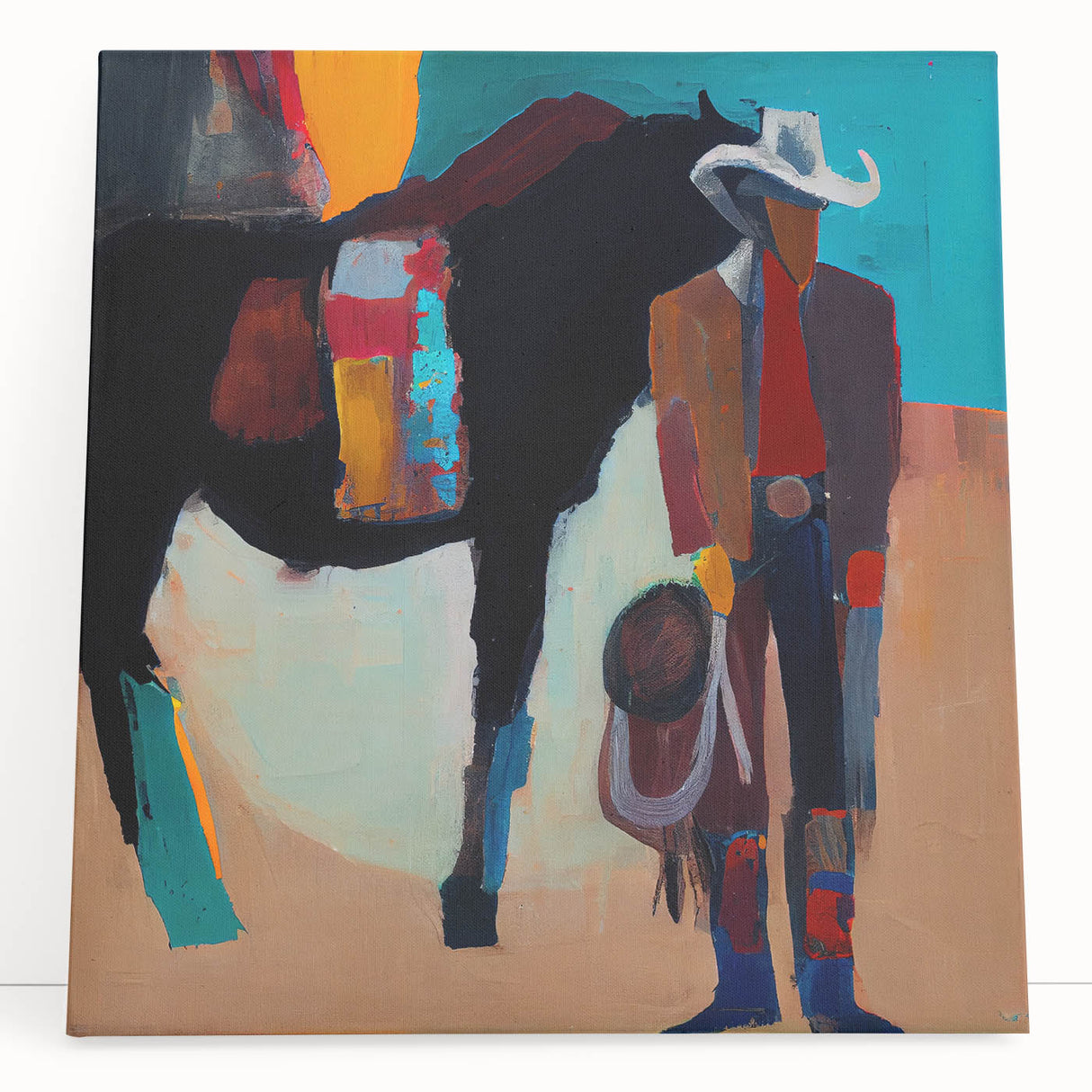 Abstract figurative wall art on stretched canvas featuring bold colors and dynamic shapes, leaning against a neutral wall, ideal for contemporary decor.