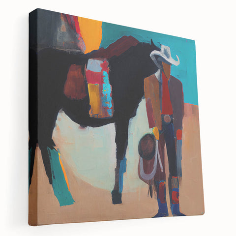 Abstract figurative wall art on a stretched canvas, displaying vibrant colors and dynamic shapes, perfect for contemporary home decor. Side view shows canvas thickness and quality finish, enhancing any art collection.