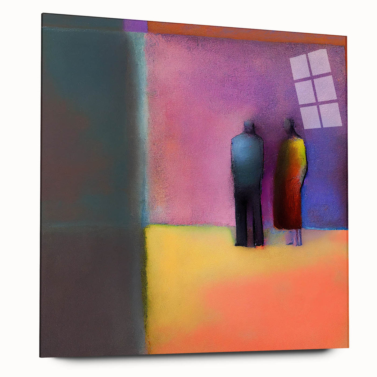 Abstract figurative wall art displayed in a sleek acrylic glass frame, showcasing vibrant colors and dynamic shapes, perfect for contemporary home decor.