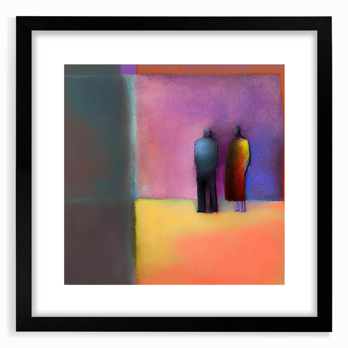 Abstract figurative wall art framed in black with a white mat, showcasing vibrant colors and dynamic shapes, perfect for modern home decor.