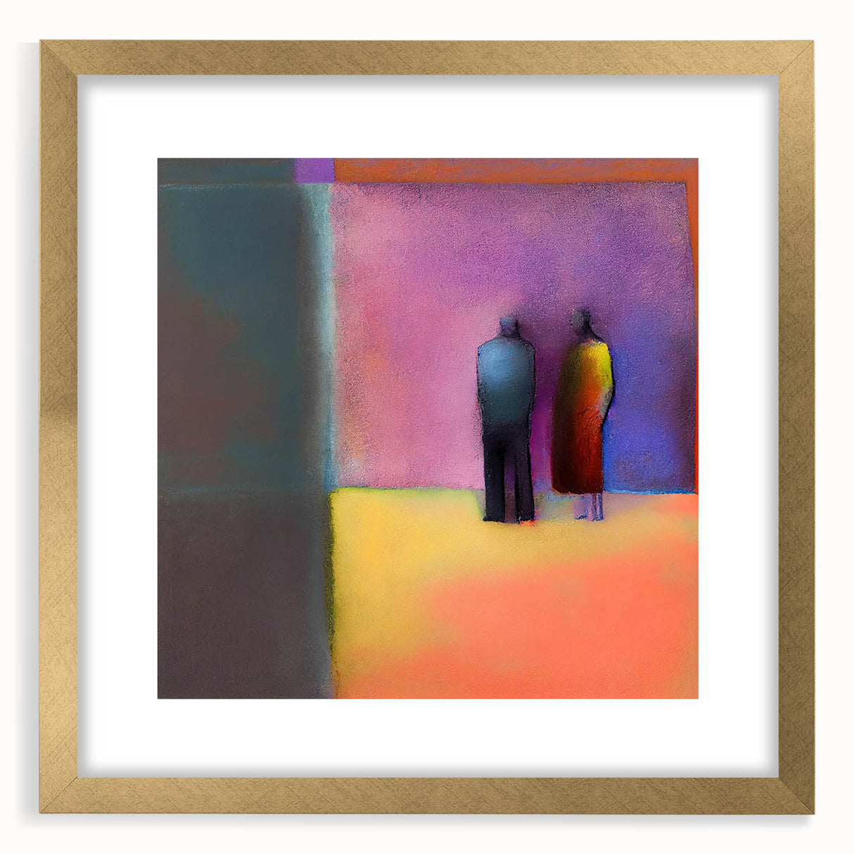 Abstract figurative wall art in a gold frame with a mat, showcasing vibrant colors and dynamic forms, perfect for modern home decor and artistic expression.