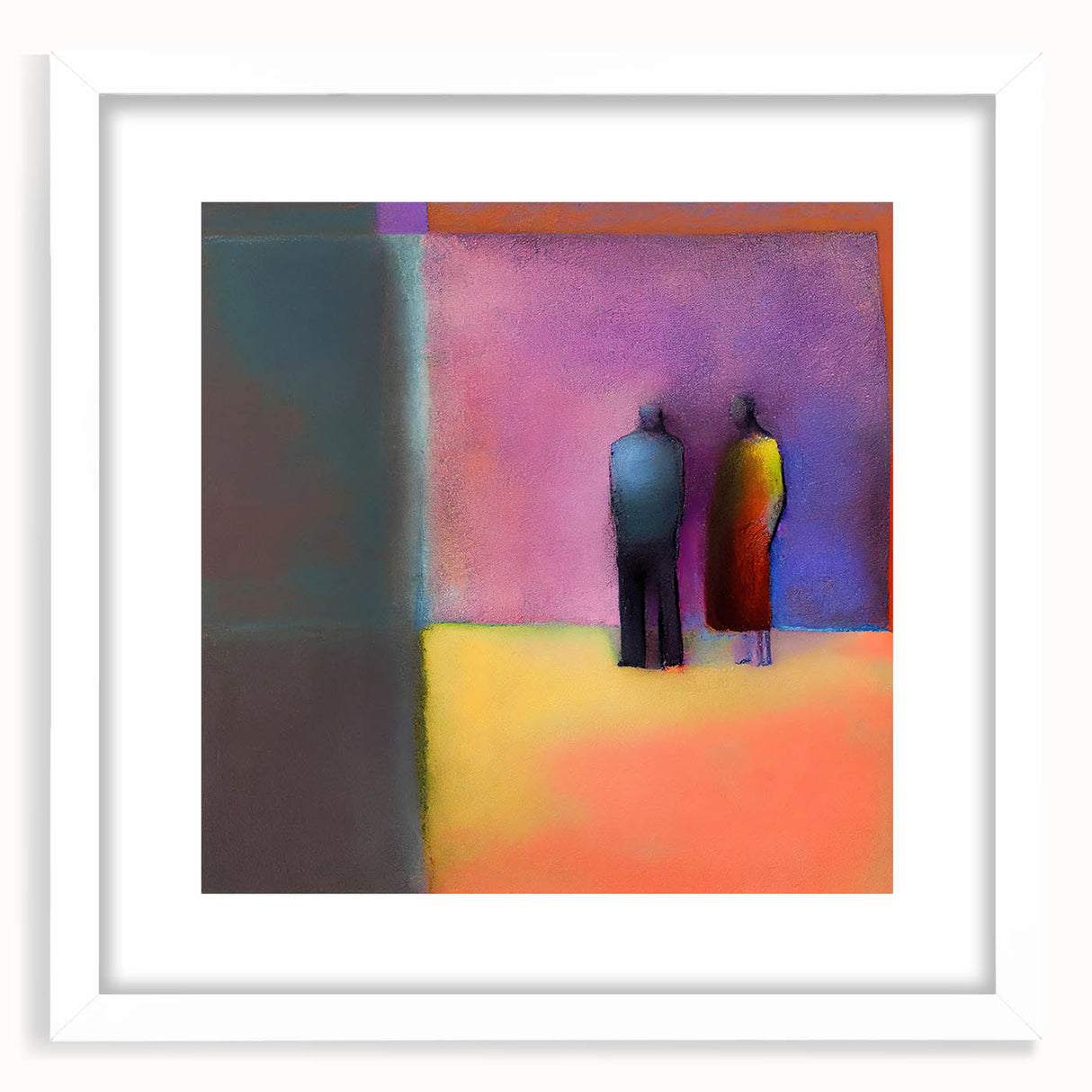 Abstract figurative wall art in a white frame with matting, showcasing vibrant colors and dynamic shapes, ideal for modern home decor and artistic expression.