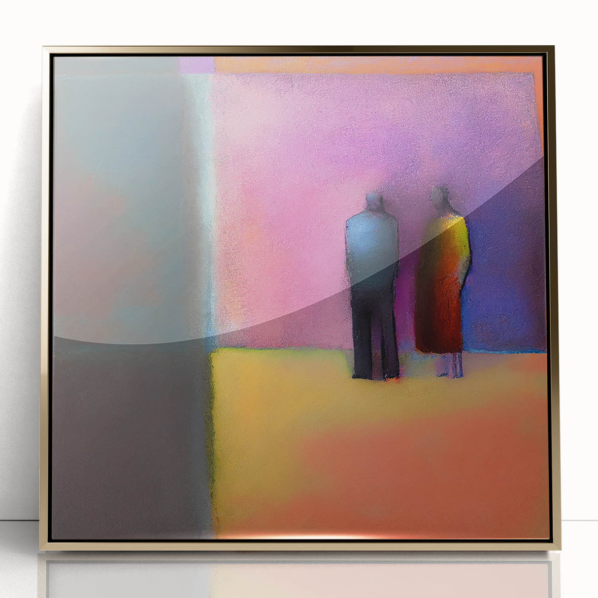 Framed abstract figurative wall art featuring bold gold accents and a modern design, ideal for contemporary home decor. Perfect addition for stylish interiors.