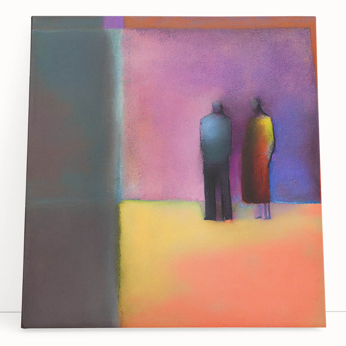 Abstract figurative wall art on stretched canvas, showcasing vibrant colors and dynamic shapes, leaning against a modern backdrop, perfect for contemporary decor.