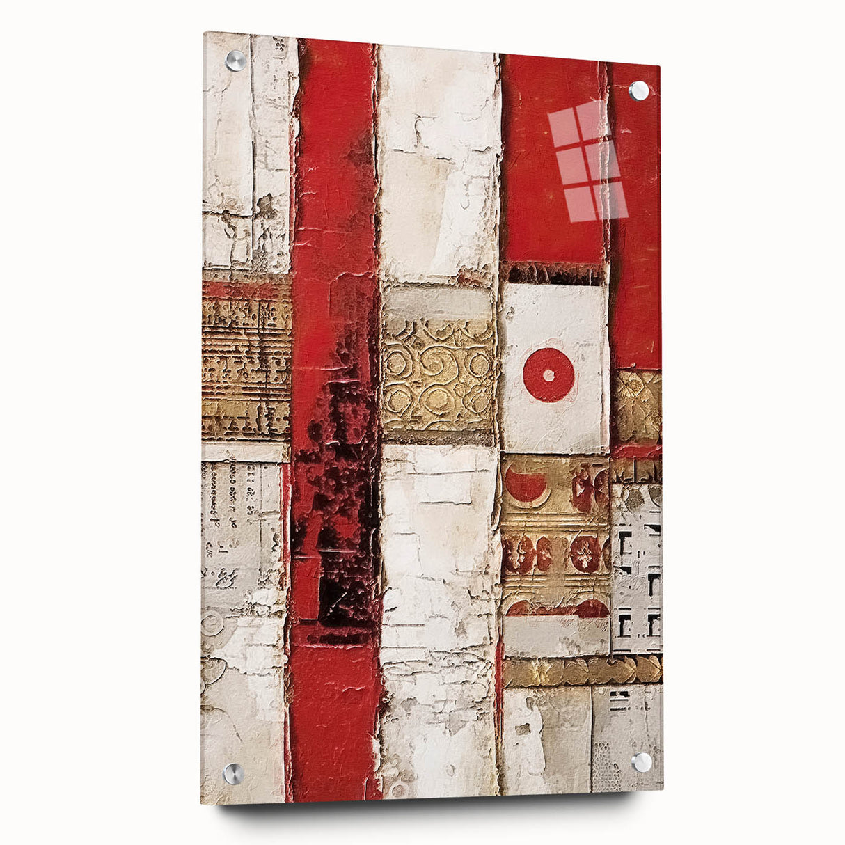 Abstract wall art featuring colorful strokes on acrylic glass, showcasing a modern design with a side view displaying pins for easy hanging. Perfect for contemporary decor.