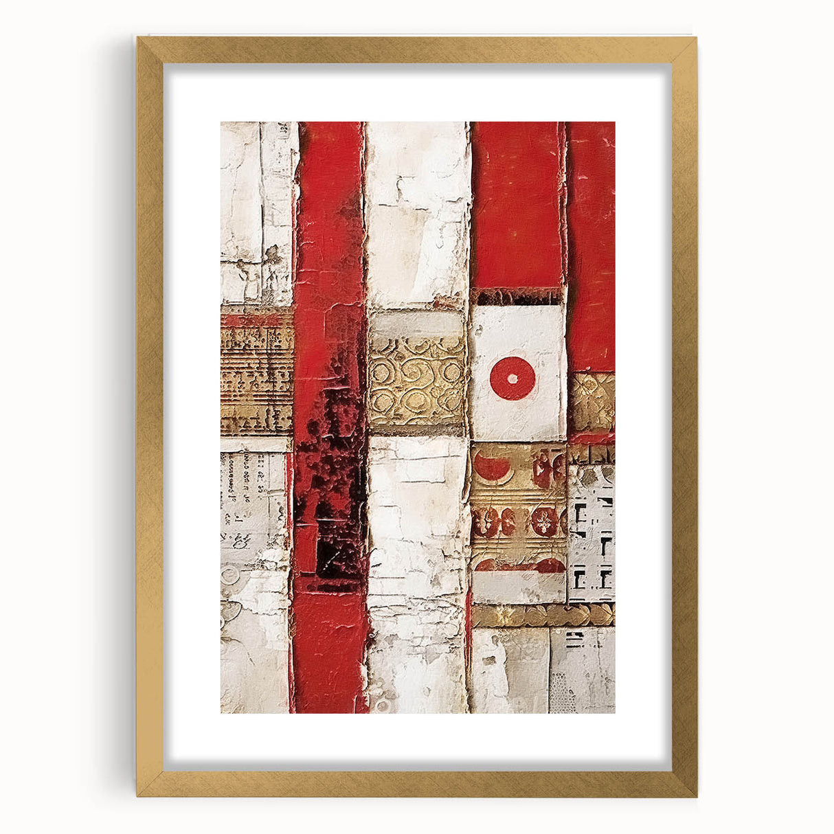 Abstract strokes wall art framed in gold, showcasing vibrant colors and dynamic patterns, perfect for modern home decor. Elegant matting enhances visual appeal.