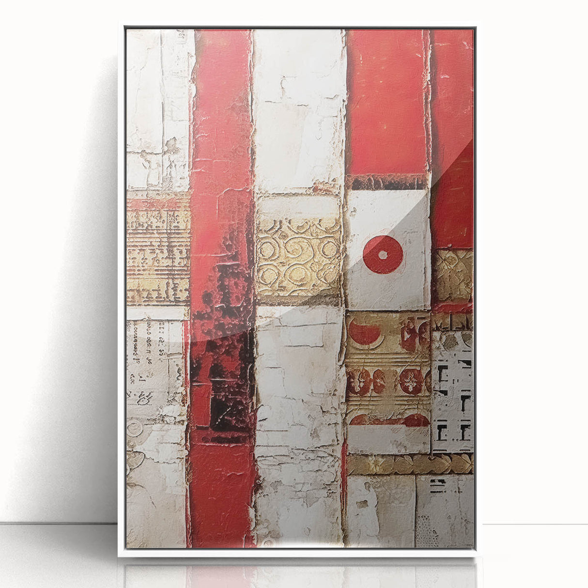 Framed abstract strokes wall art in white, showcasing vibrant colors and dynamic shapes. Perfect for modern decor, enhancing any living space or office.