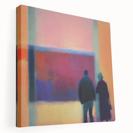 Abstract figurative wall art on stretched canvas showcasing vibrant colors and fluid shapes, ideal for modern home decor. Side view highlights its depth and texture.