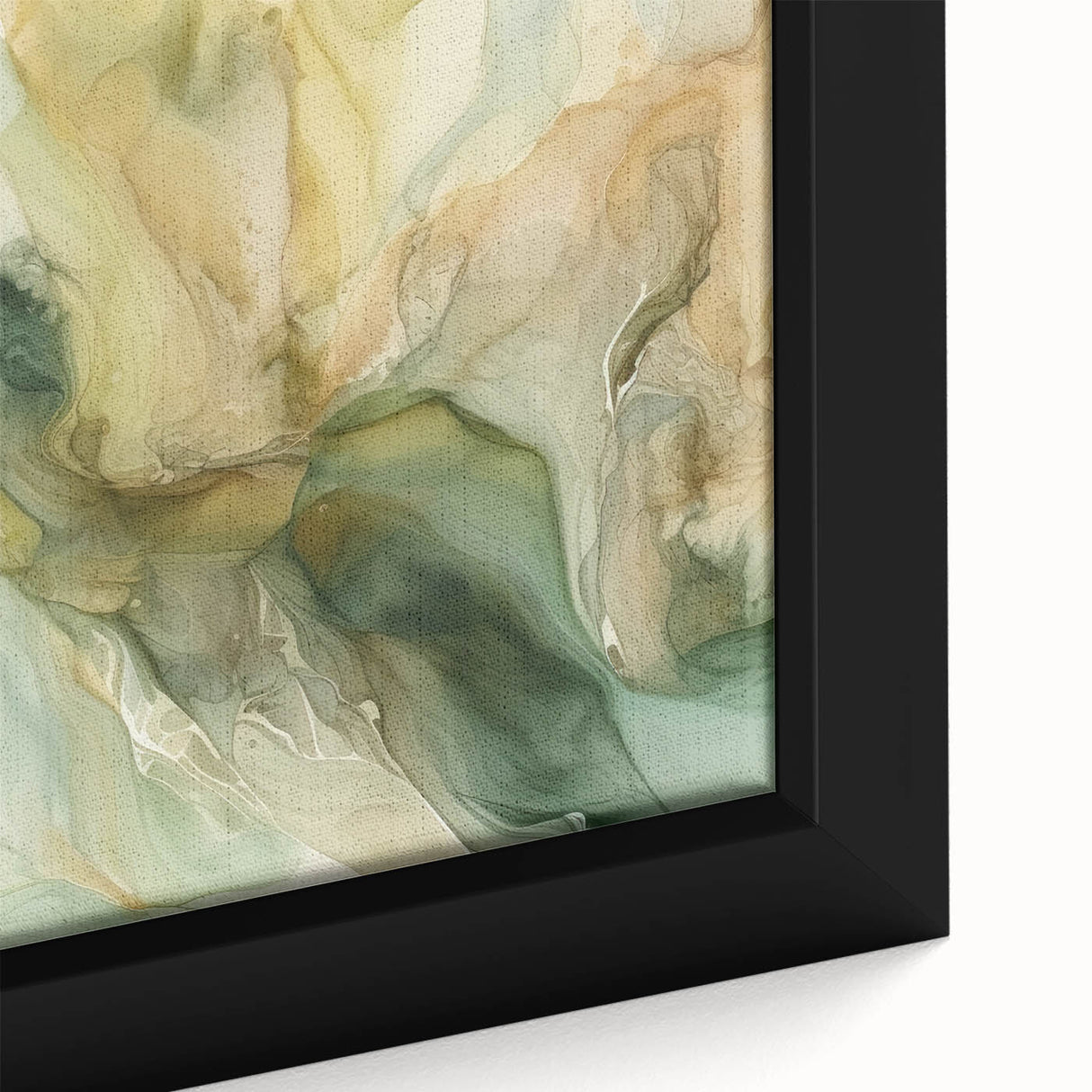 Close-up of a framed canvas art piece showcasing vibrant abstract strokes in shades of blue, orange, and gold, perfect for modern home decor accents.