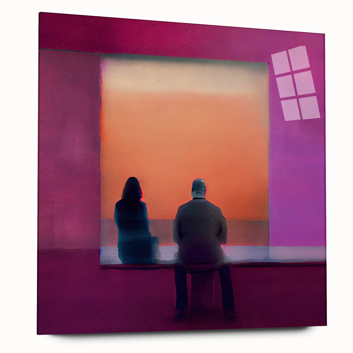 Abstract figurative wall art displayed in a sleek acrylic glass frame, showcasing vibrant colors and dynamic shapes, perfect for modern home decor.