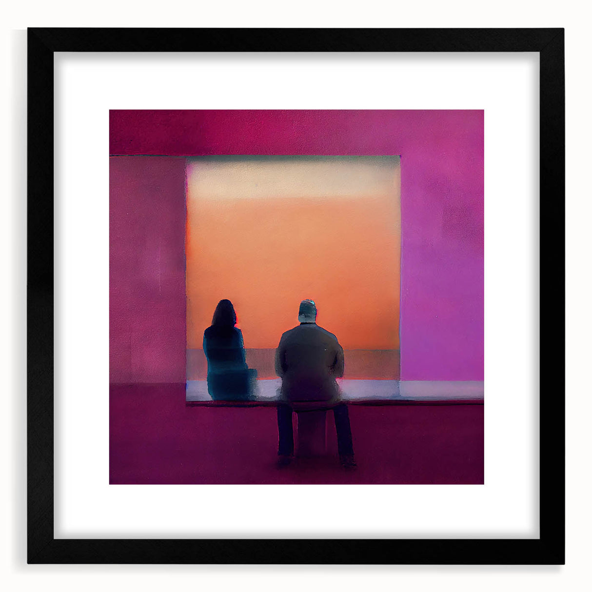 Abstract figurative wall art in a black frame with a mat, showcasing vibrant colors and dynamic shapes. Perfect for modern home decor, enhancing any living space.