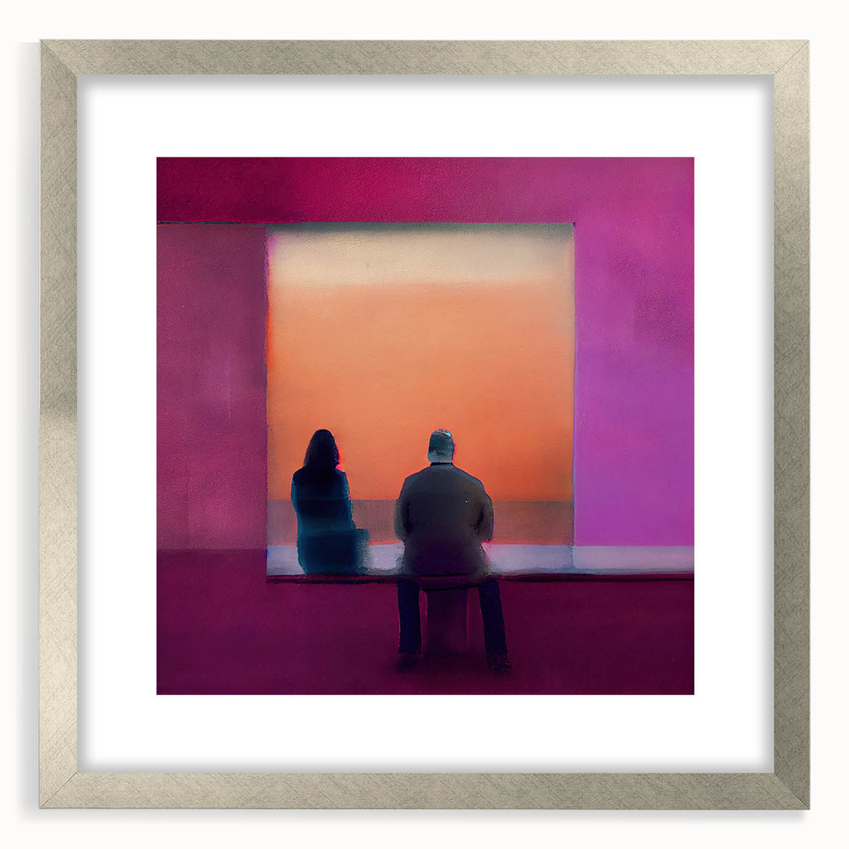 Abstract figurative wall art in a sleek silver frame with a white mat, showcasing intricate shapes and vibrant colors, ideal for modern home decor and artistic expression.