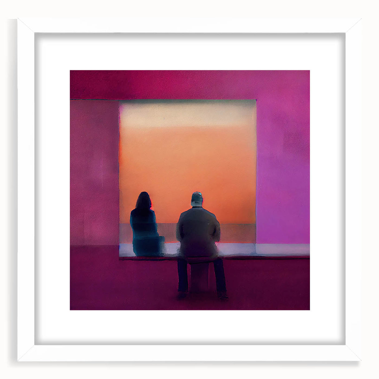 Abstract figurative wall art framed with a white mat, showcasing vibrant colors and dynamic shapes, perfect for modern home decor or office spaces.