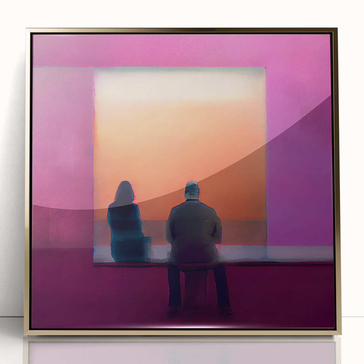 Framed abstract figurative wall art in a sleek gold-acrylic finish, showcasing vibrant colors and dynamic shapes, perfect for modern home decor.