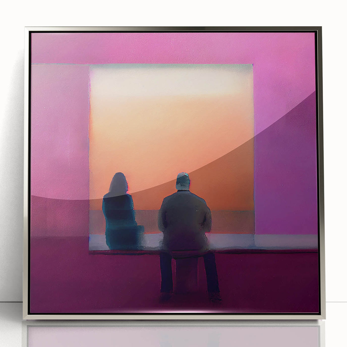 Framed abstract figurative wall art featuring silver accents and a modern design, perfect for contemporary home decor. Showcases a sleek acrylic front for enhanced visual appeal.