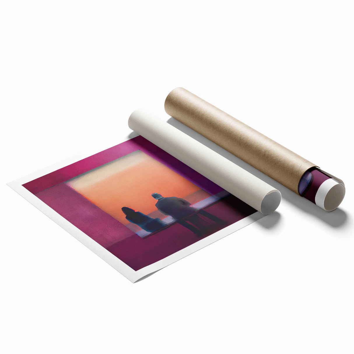 Abstract figurative wall art print showcasing vibrant colors and dynamic shapes, rolled for easy storage and display, perfect for modern home decor.