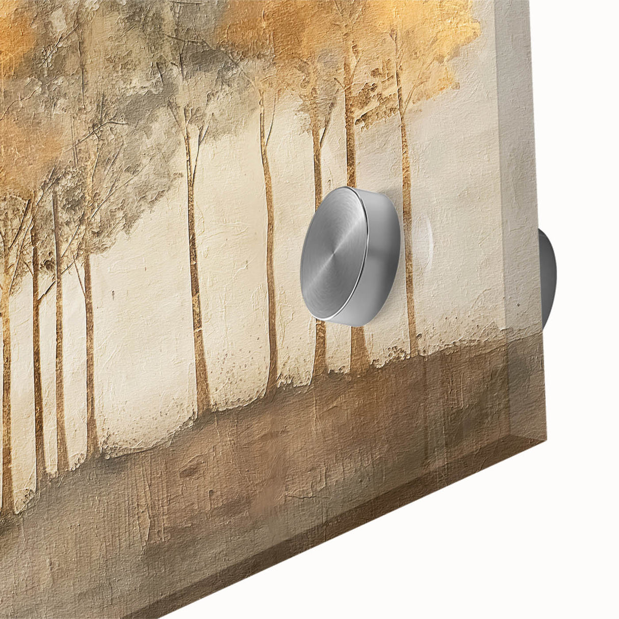 Close-up of vibrant abstract landscape wall art printed on acrylic glass, showcasing dynamic colors and textures, perfect for modern home decor.