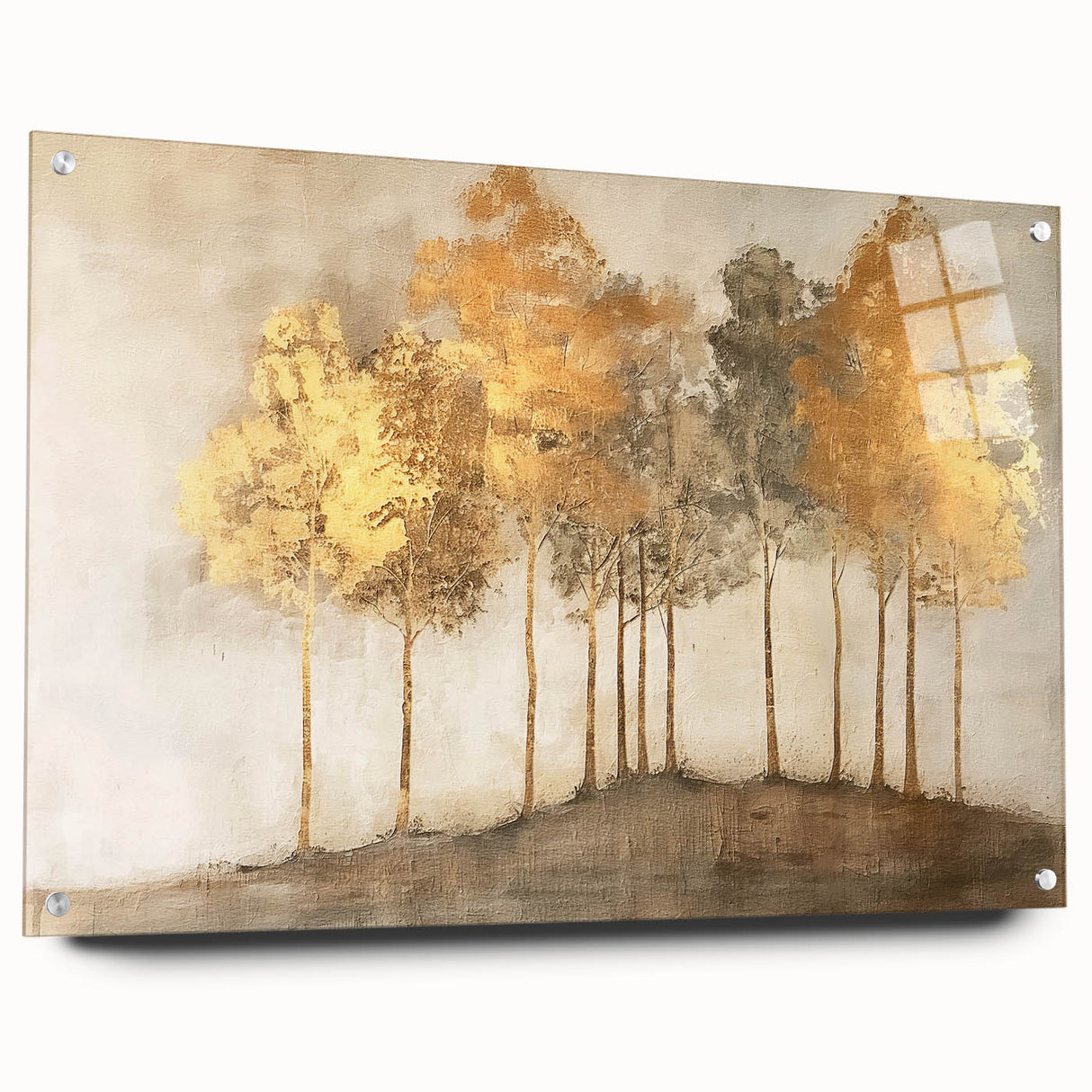 Abstract landscape wall art displayed in acrylic glass, showcasing vibrant colors and dynamic patterns, elegantly pinned for a modern aesthetic.