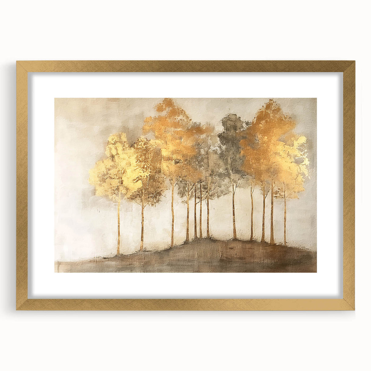 Abstract landscape wall art print in a gold frame with a mat, showcasing a vibrant blend of colors and shapes, perfect for modern home decor.