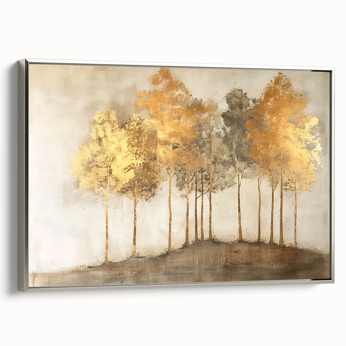 Framed canvas wall art depicting an abstract landscape in soothing earth tones with a silver frame, showcasing modern design for home decor.