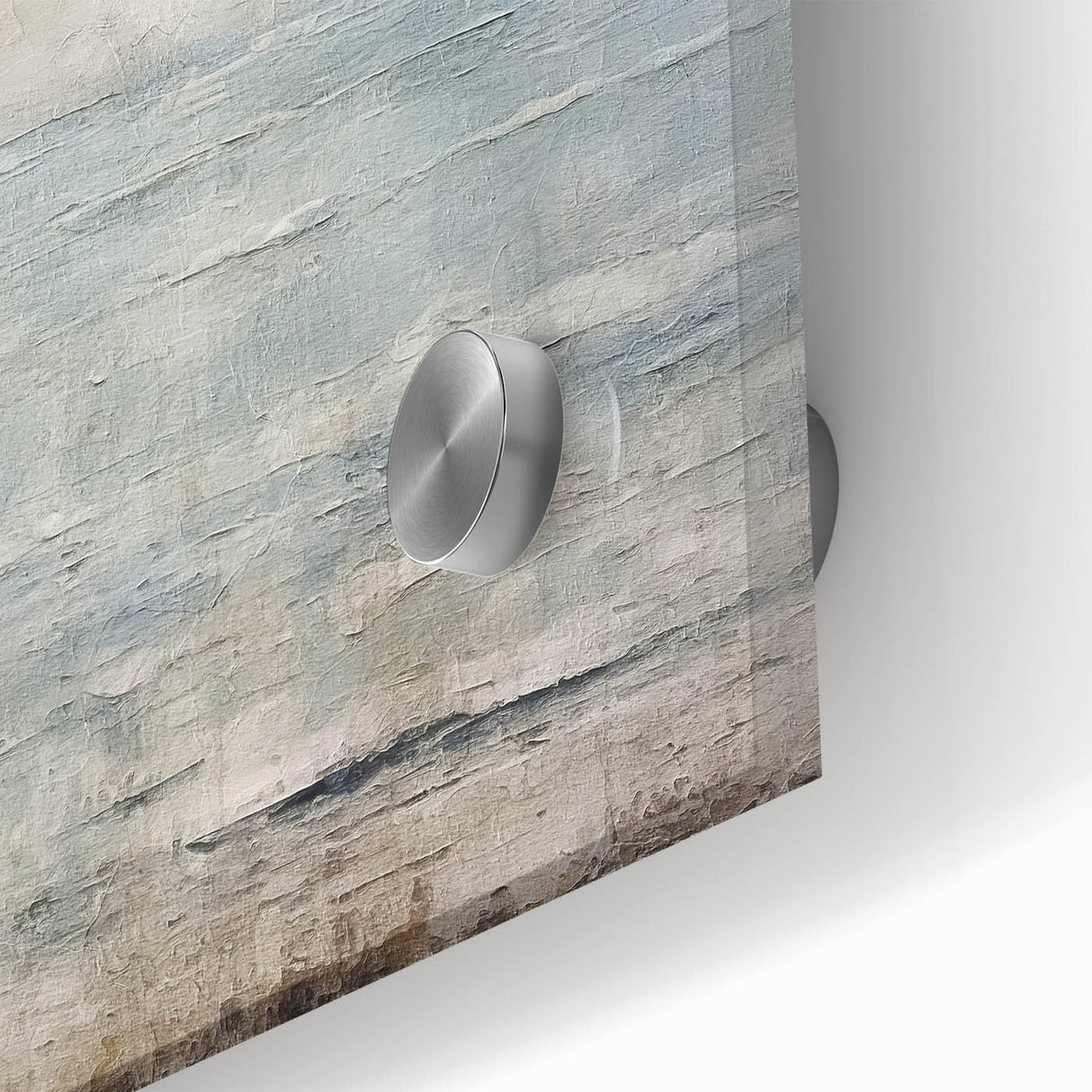 Close-up of an abstract wall art piece showcasing vibrant strokes in shades of blue, orange, and yellow on acrylic glass, perfect for modern decor.