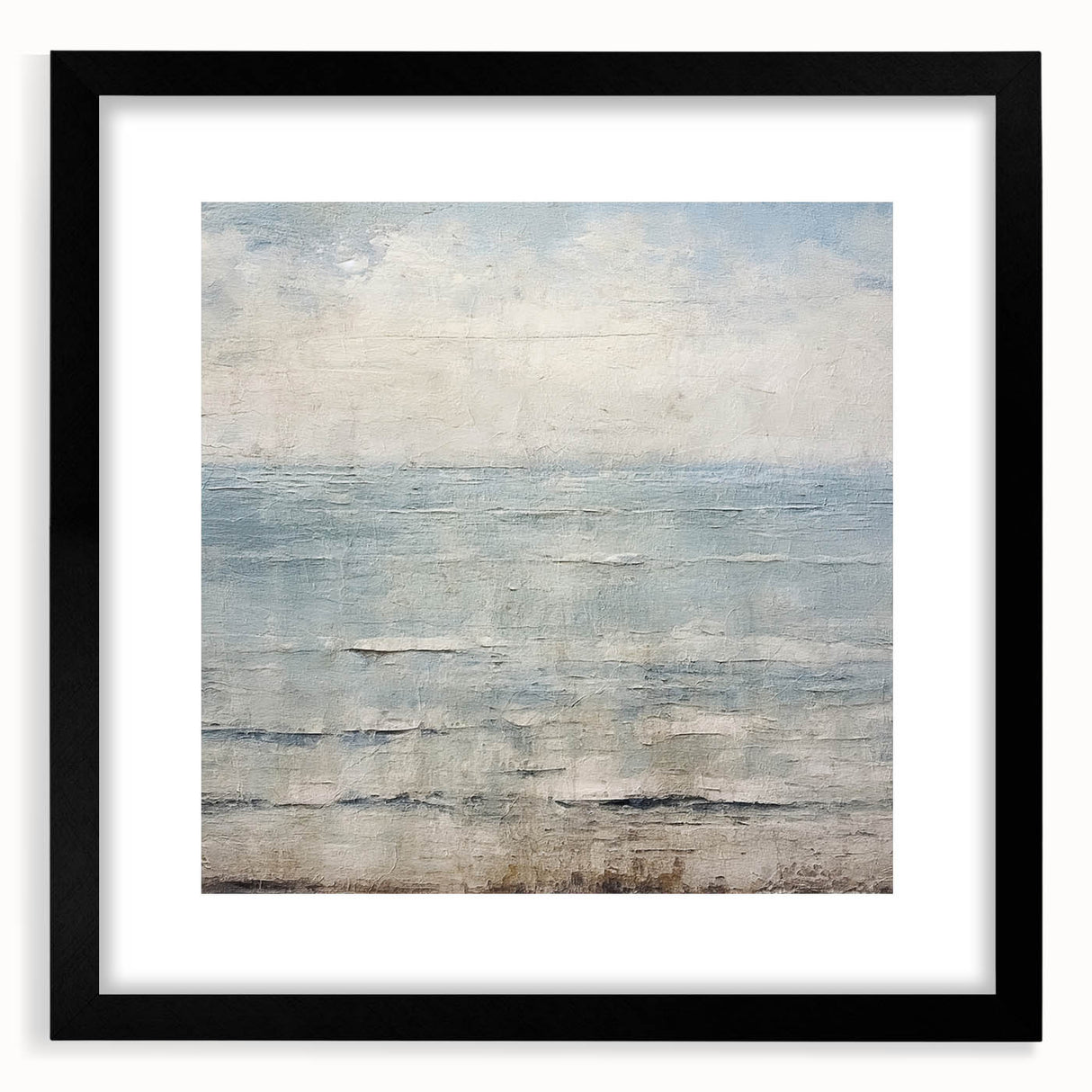 Abstract strokes wall art framed in black matting, showcasing dynamic brush strokes in shades of blue and gold, ideal for modern home decor.