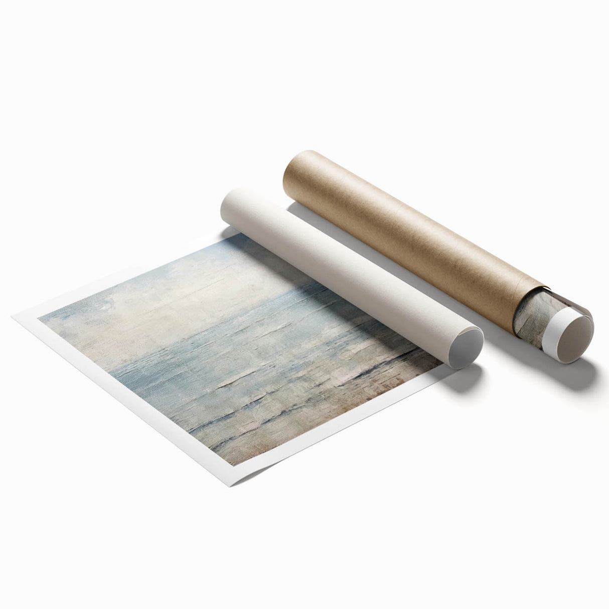 Abstract strokes wall art print featuring vibrant colors of blue, orange, and yellow on a textured background, ideal for modern home decor, rolled and ready for framing.