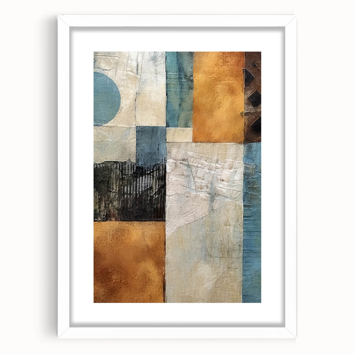 Abstract strokes wall art framed in white matting, showcasing vibrant colors and dynamic patterns, ideal for modern home decor. Perfect for adding a contemporary touch to living spaces or offices.
