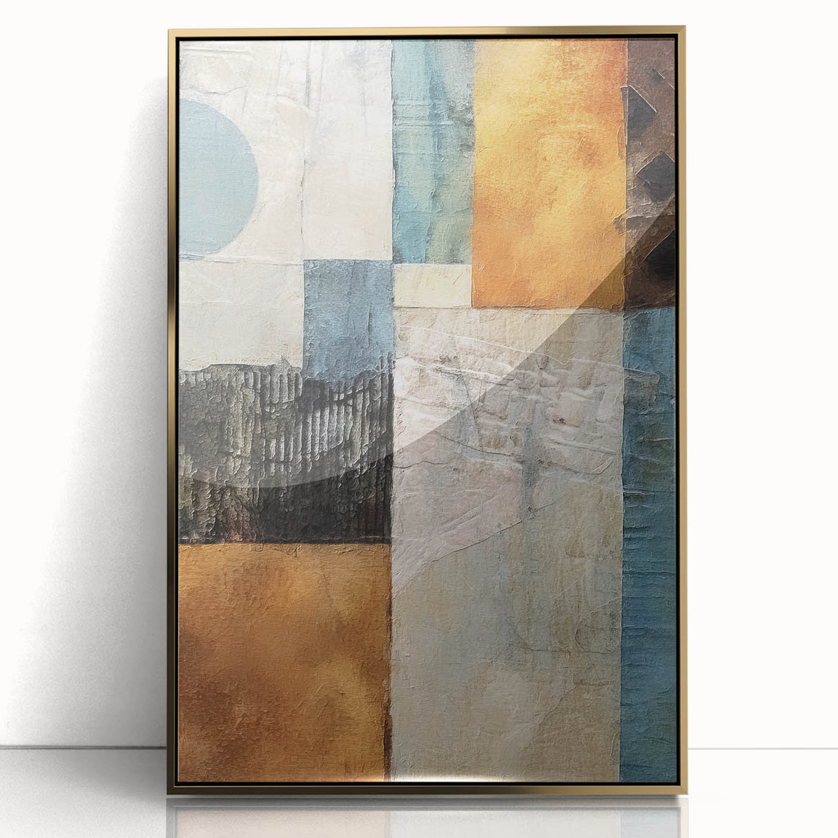 Framed abstract wall art featuring bold gold strokes on a white background, designed to enhance modern interiors with a touch of elegance and sophistication.