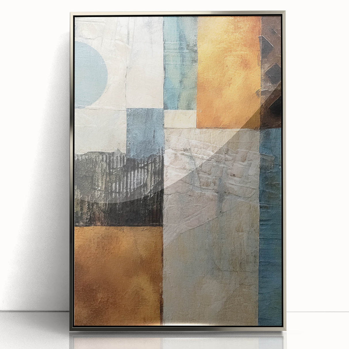 Framed wall art featuring abstract silver strokes on a light background, showcasing a modern aesthetic perfect for contemporary home decor. Ideal for stylish living spaces.