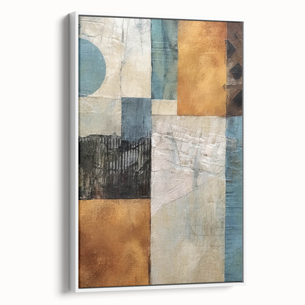 Framed canvas wall art featuring abstract strokes in muted tones of white, gray, and beige, adding a modern touch to interior decor. Ideal for contemporary settings.