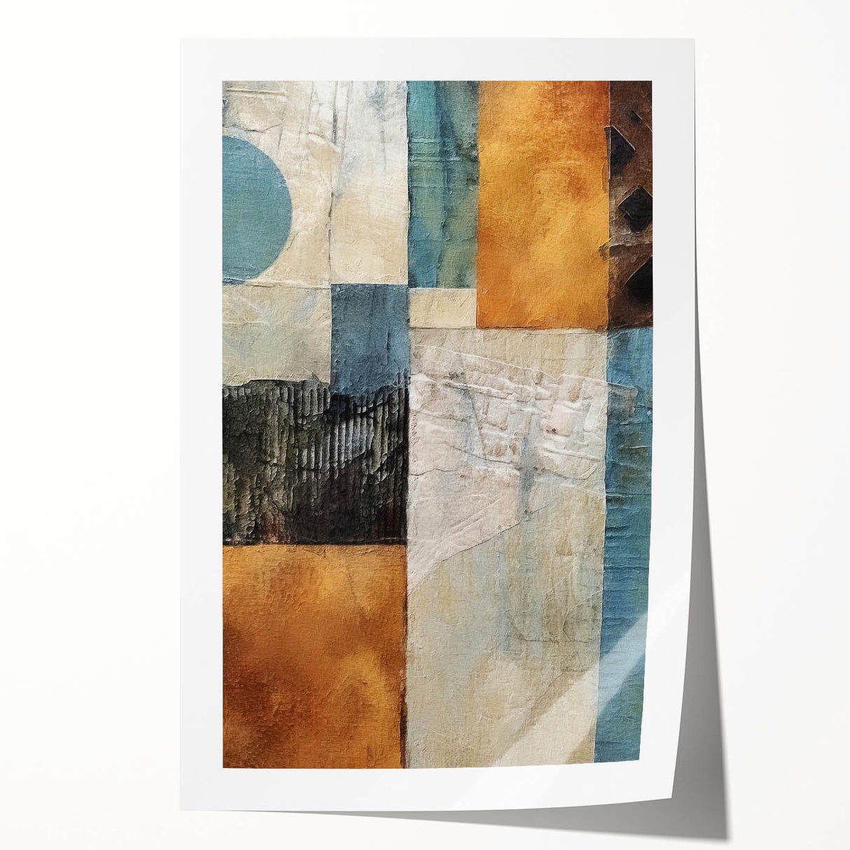 Abstract wall art print featuring vibrant strokes in shades of blue, orange, and yellow, rolled and ready for display, ideal for modern home decor.