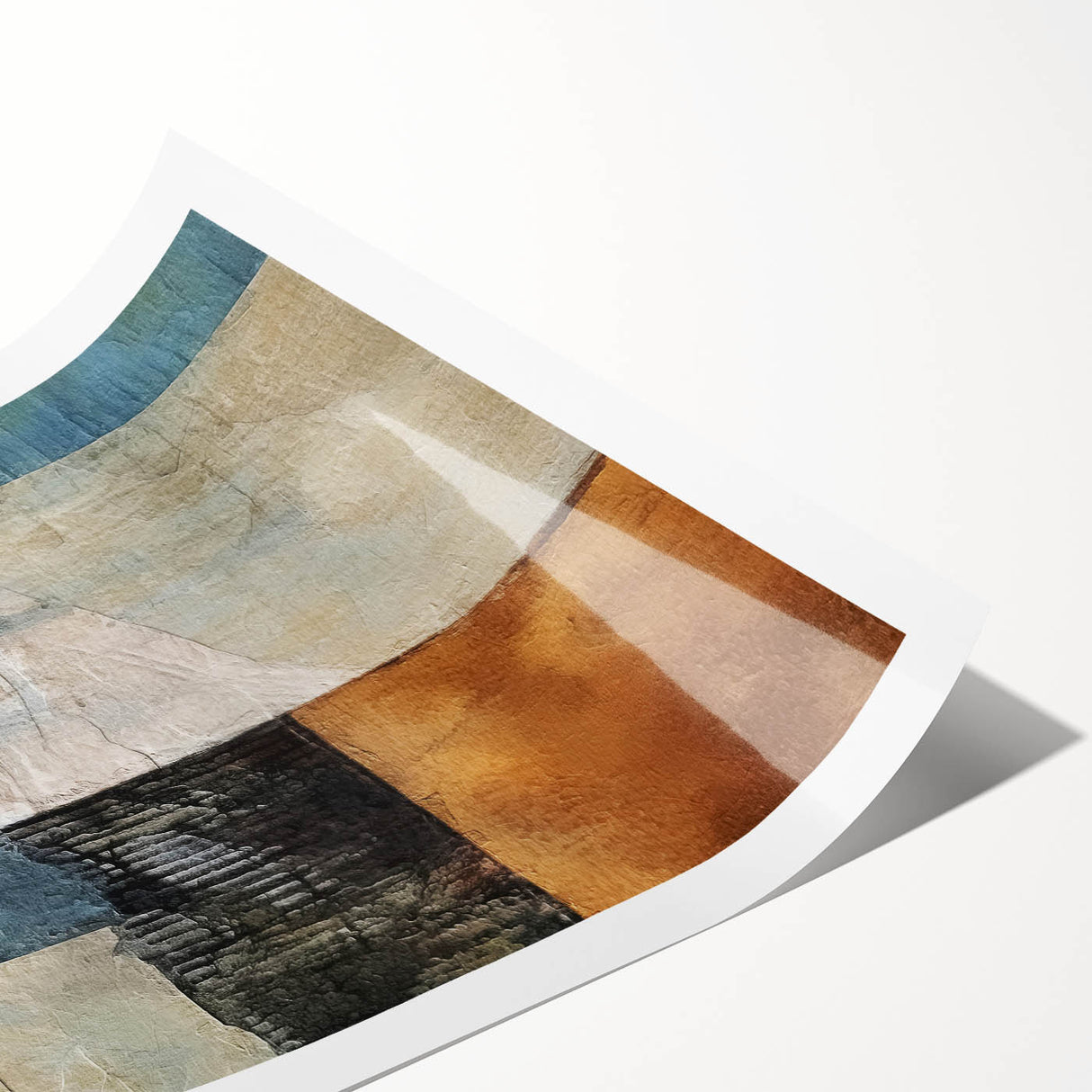 Abstract wall art print featuring vibrant strokes in shades of blue, pink, and gold, showcasing a modern design suitable for contemporary home decor, rolled for easy framing.