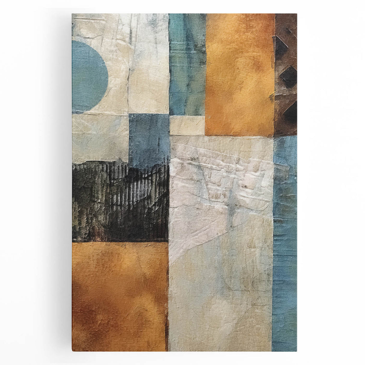 Abstract wall art featuring vibrant strokes of blue, orange, and yellow on a stretched canvas, ideal for modern home décor, adding a bold artistic touch to any space.