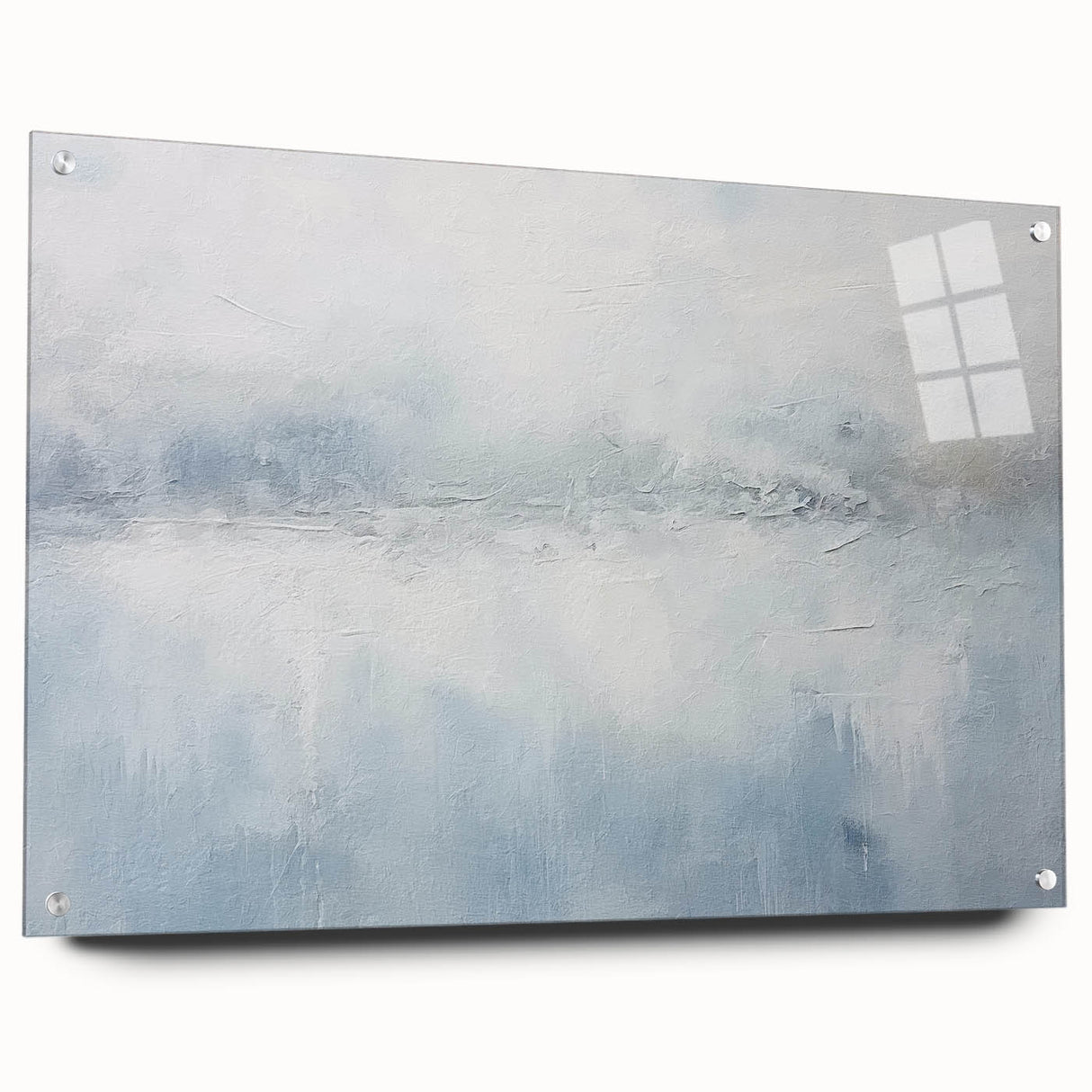 Abstract wall art featuring vibrant strokes in shades of blue, orange, and gold, displayed in an acrylic frame with pins, ideal for modern home decor.