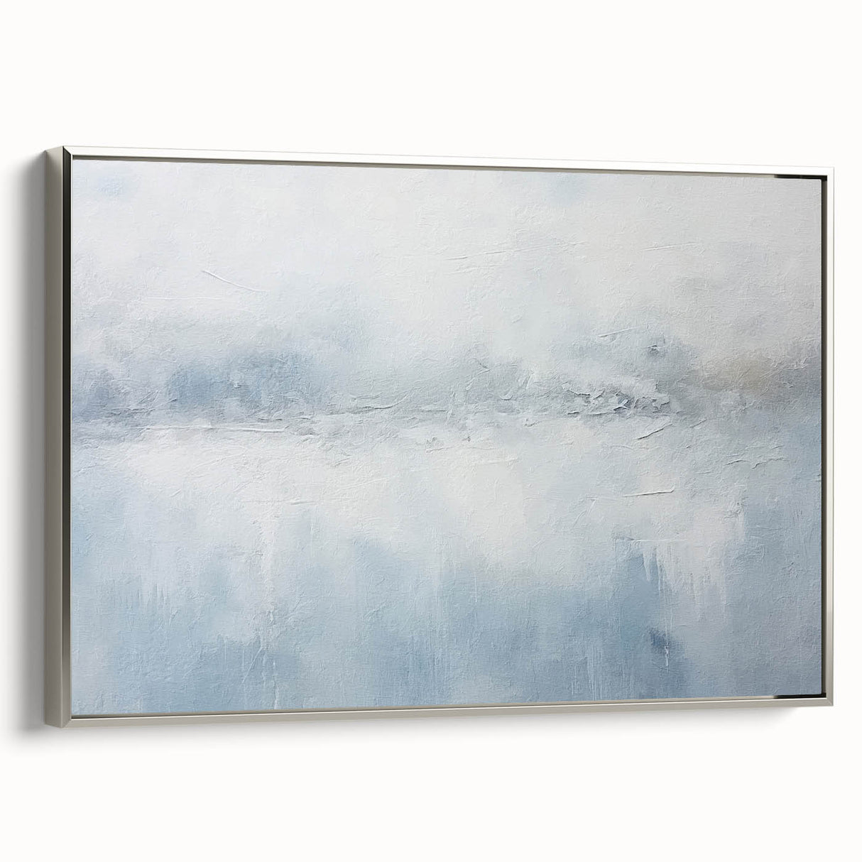 Framed abstract wall art featuring dynamic silver and white strokes on canvas, showcasing modern design perfect for contemporary home décor.