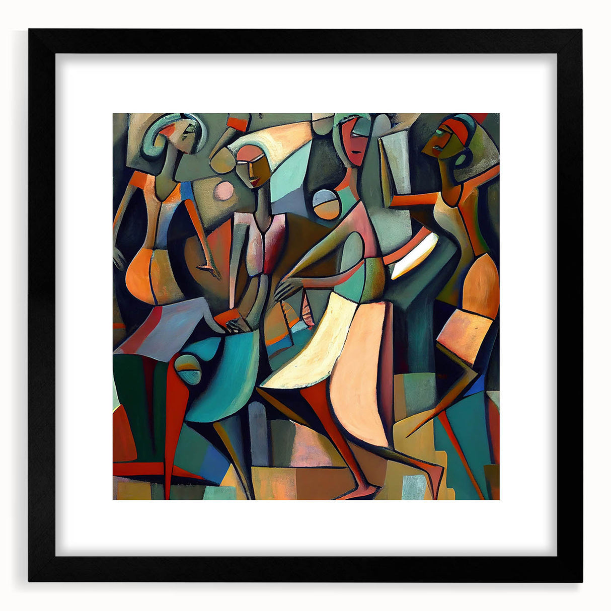 Abstract figurative wall art framed with a black mat, showcasing vibrant colors and dynamic shapes, ideal for modern home decor and artistic interiors.