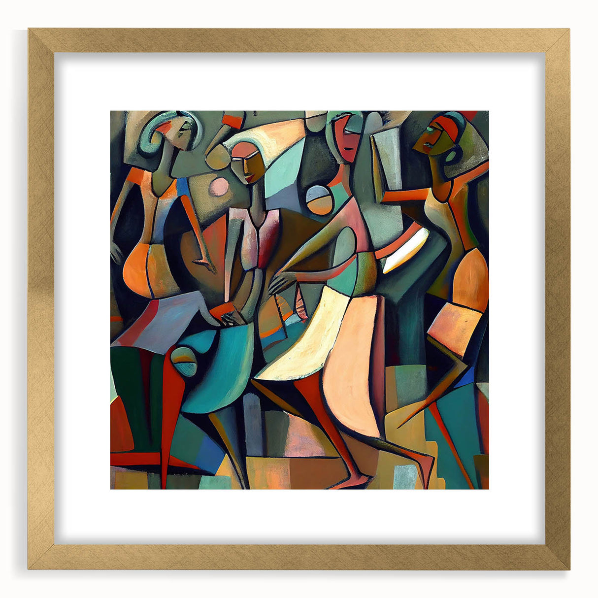 Abstract figurative wall art framed with a gold mat, showcasing vibrant colors and intricate patterns, perfect for enhancing modern home decor aesthetics.