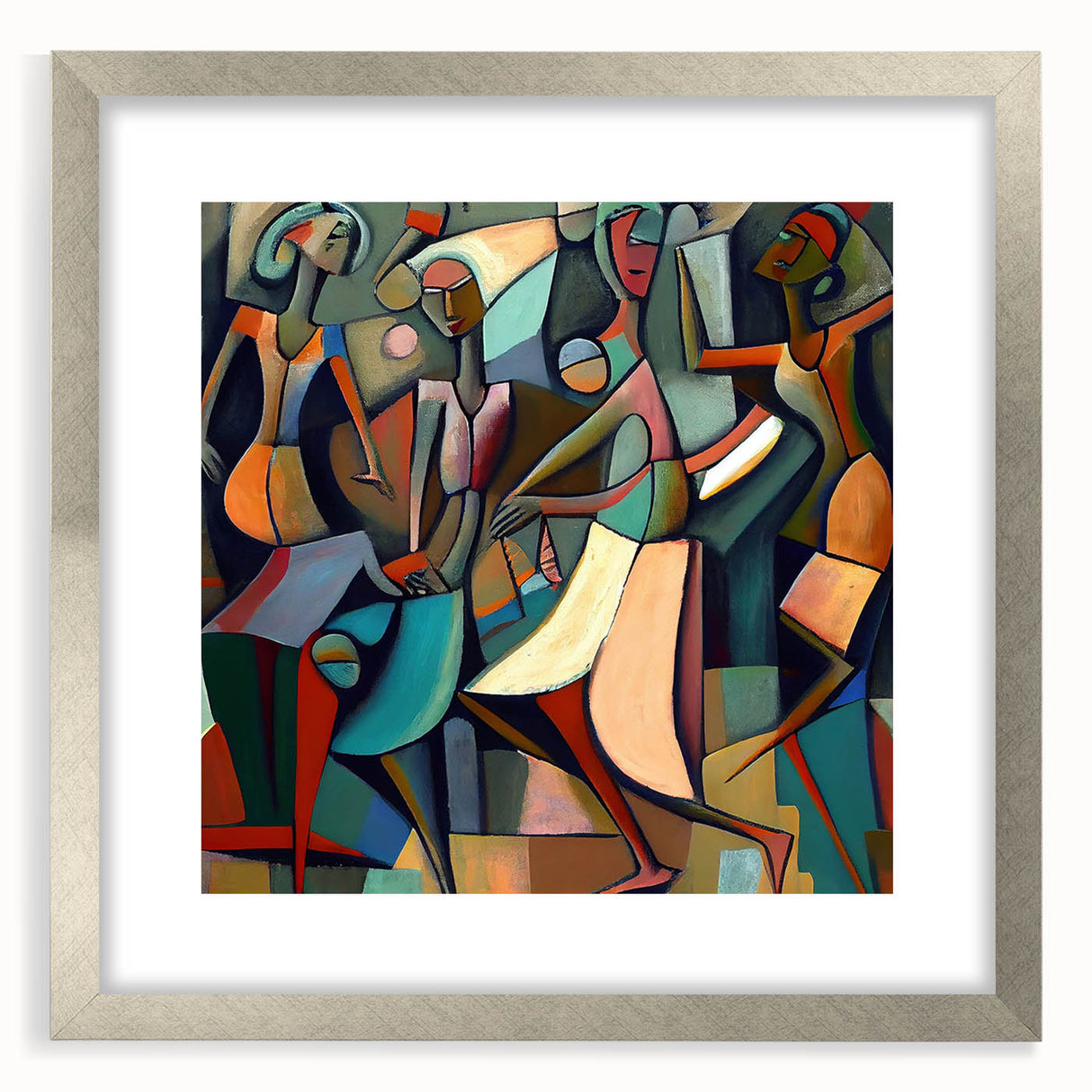Abstract figurative wall art framed with a silver mat, showcasing vibrant colors and modern design; perfect for enhancing contemporary home decor.