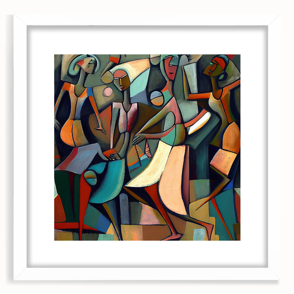 Abstract figurative wall art framed in white with a mat, showcasing bold colors and dynamic shapes, perfect for modern home decor.