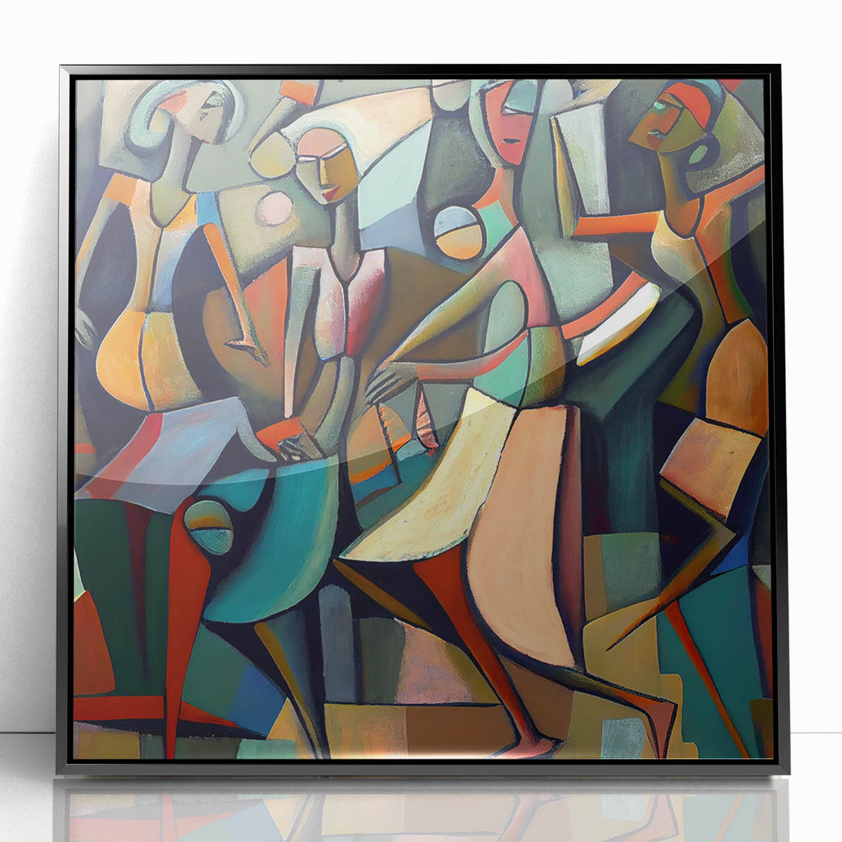 Abstract figurative wall art in a black frame, showcasing vibrant colors and dynamic shapes, ideal for modern home decor. Perfect for adding a contemporary touch to any living space.