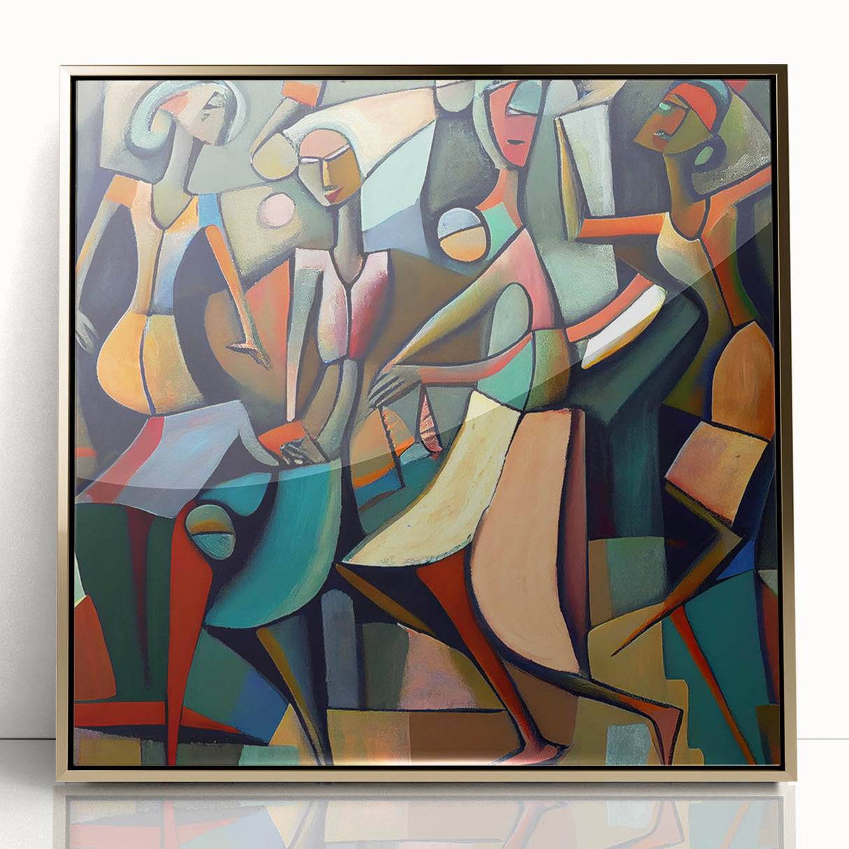 Framed abstract figurative wall art in gold acrylic featuring bold colors and dynamic shapes, perfect for modern decor and adding a touch of elegance to any room.